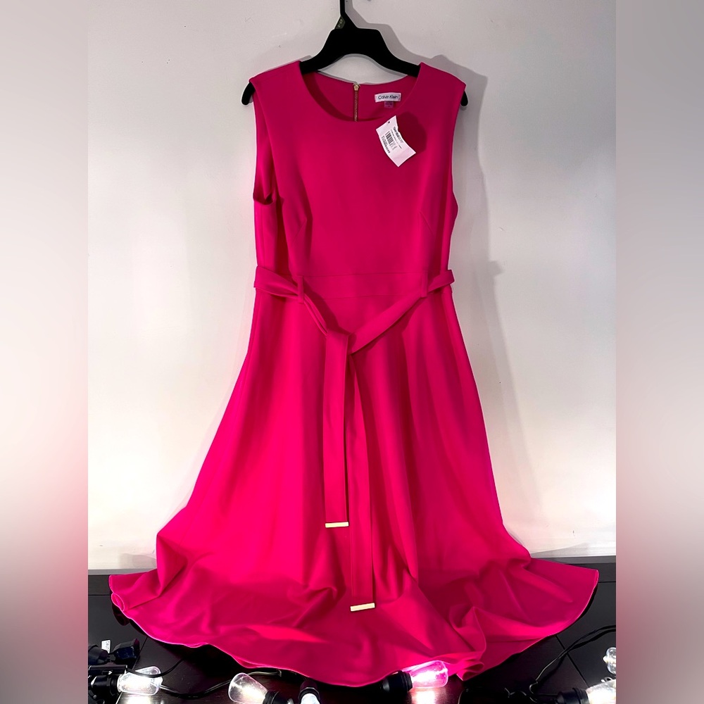 Calvin Klein Hot Pink Sleeveless Midi Dress with Tie Waist - Picture 2 of 3